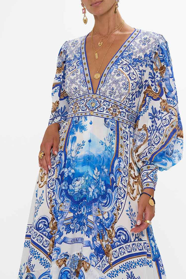 Long Button Front Dress in Azul Adventures