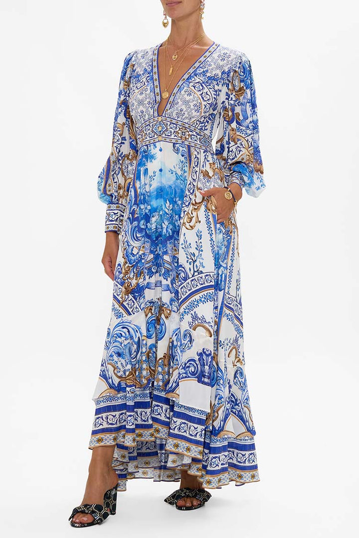 Long Button Front Dress in Azul Adventures