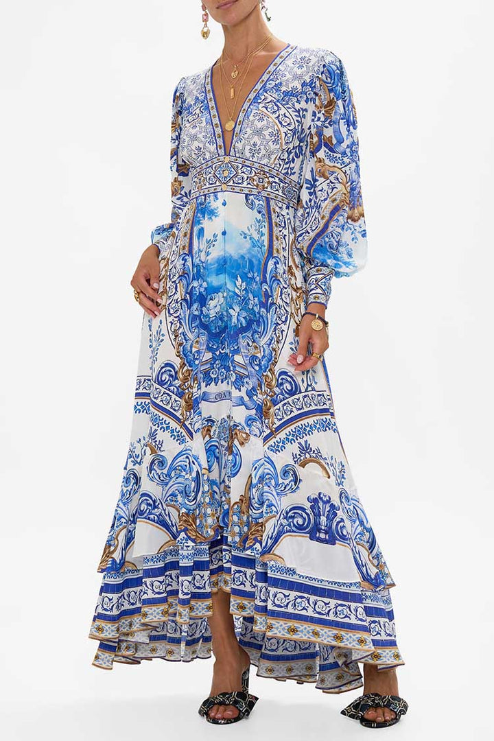 Long Button Front Dress in Azul Adventures