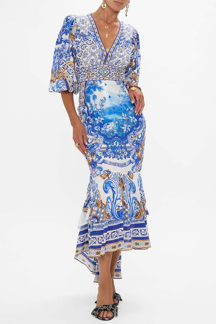 Long Button Front Dress in Azul Adventures