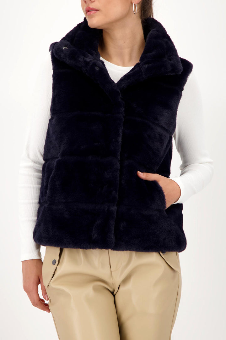Long Line Faux Fur Vest in Navy Night Sky