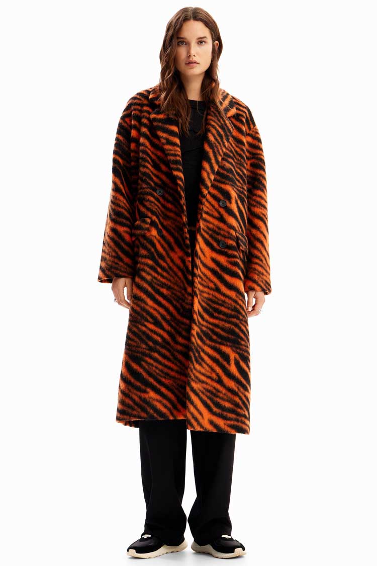 Long Tiger Print Wool Coat