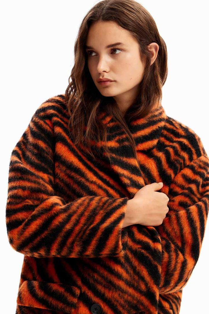 Long Tiger Print Wool Coat