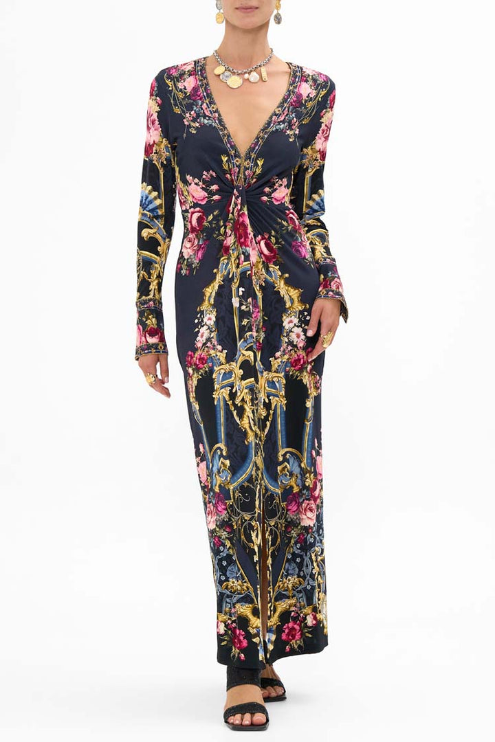 Long V Neck Twist Front Jersey Dress in Ornate on a Plate