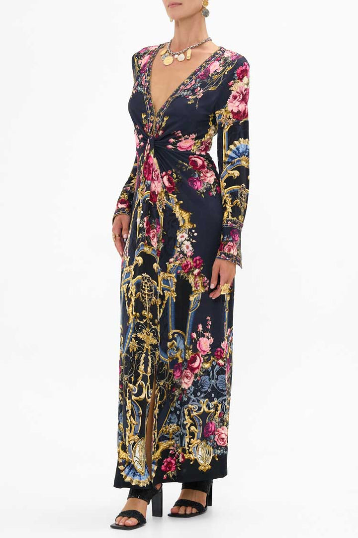 Long V Neck Twist Front Jersey Dress in Ornate on a Plate