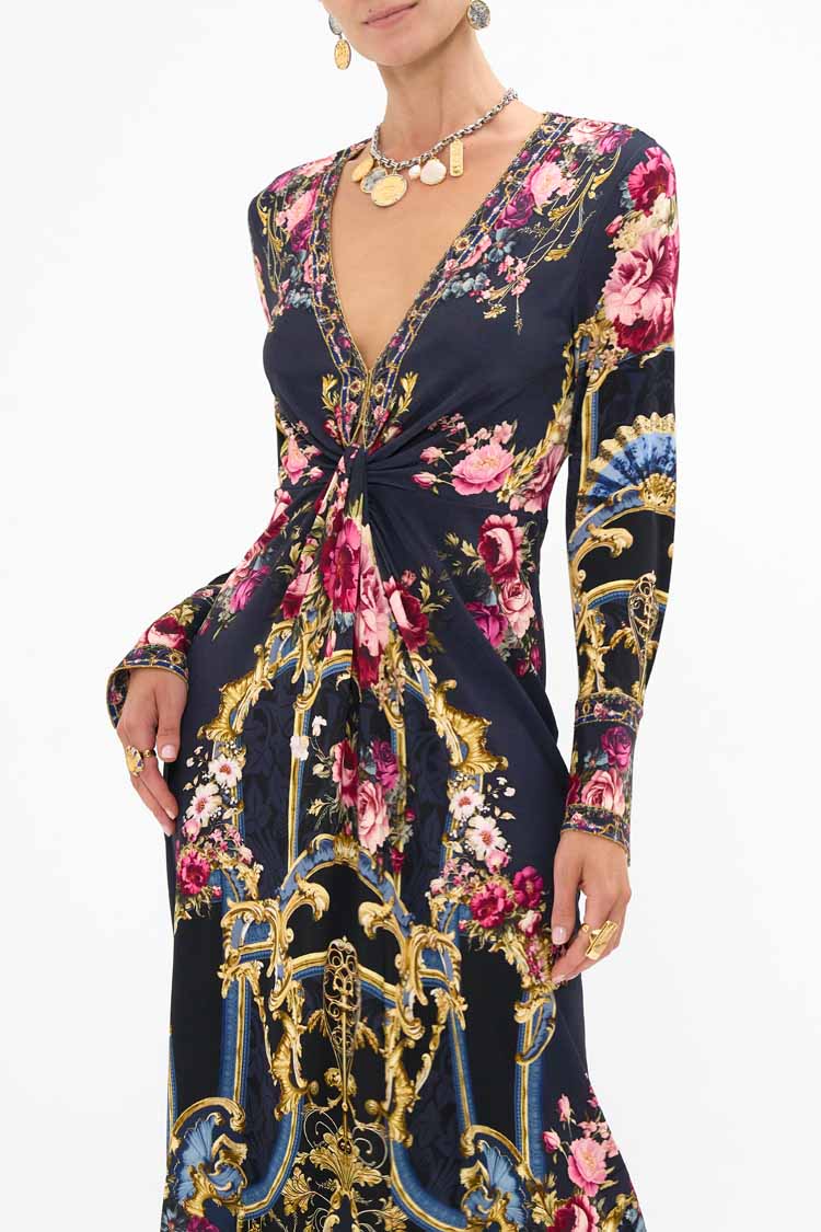 Long V Neck Twist Front Jersey Dress in Ornate on a Plate