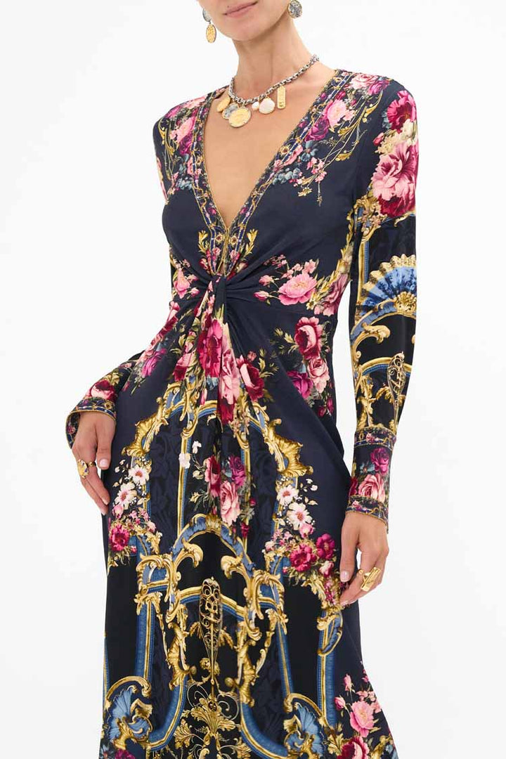 Long V Neck Twist Front Jersey Dress in Ornate on a Plate