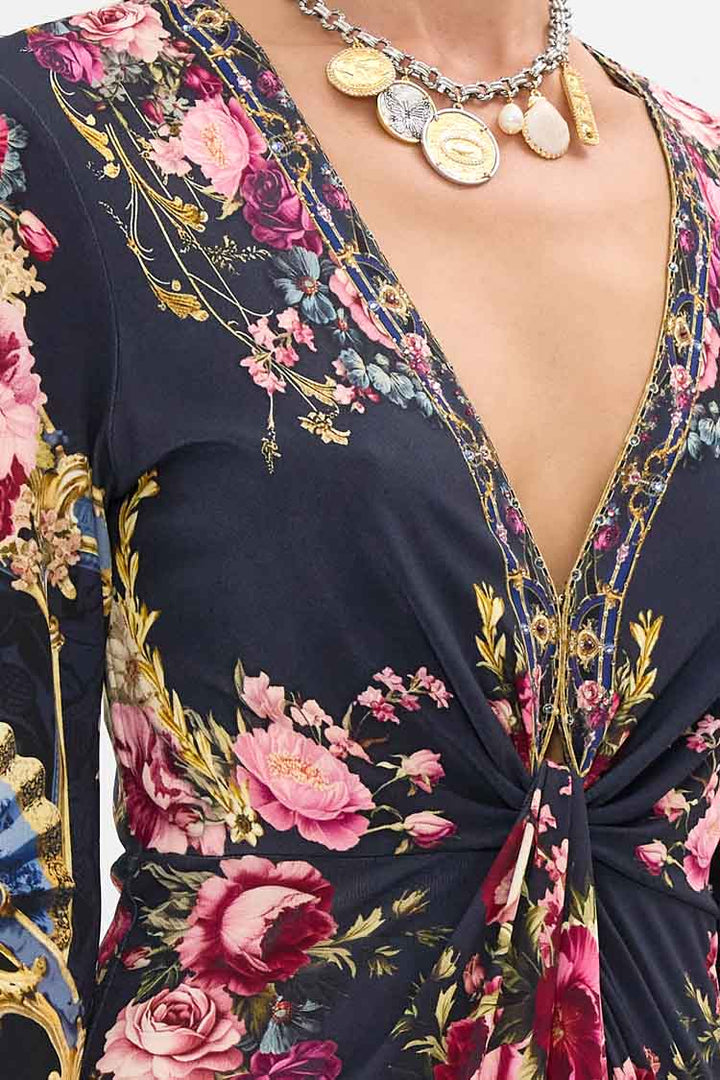 Long V Neck Twist Front Jersey Dress in Ornate on a Plate