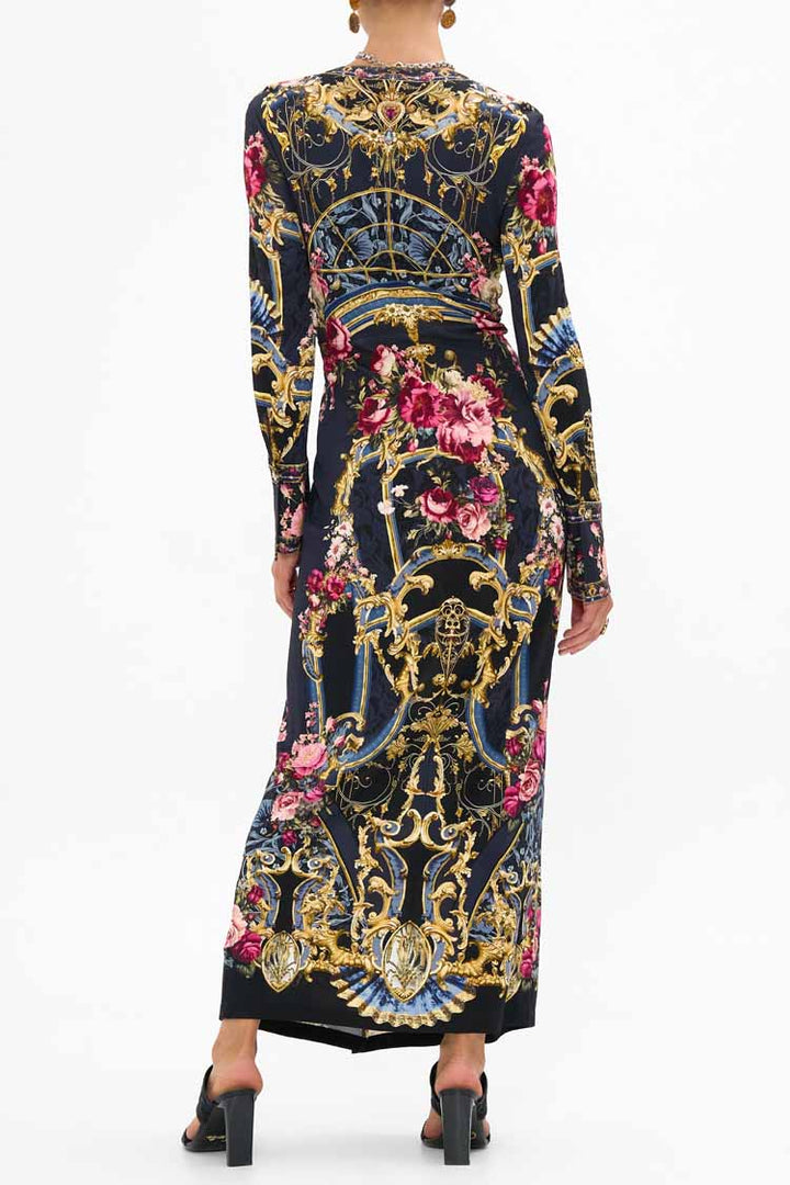 Long V Neck Twist Front Jersey Dress in Ornate on a Plate