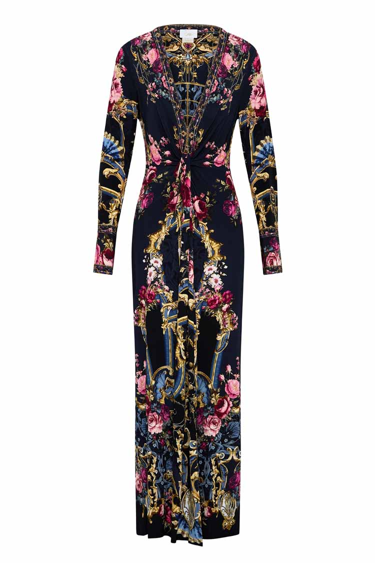 Long V Neck Twist Front Jersey Dress in Ornate on a Plate