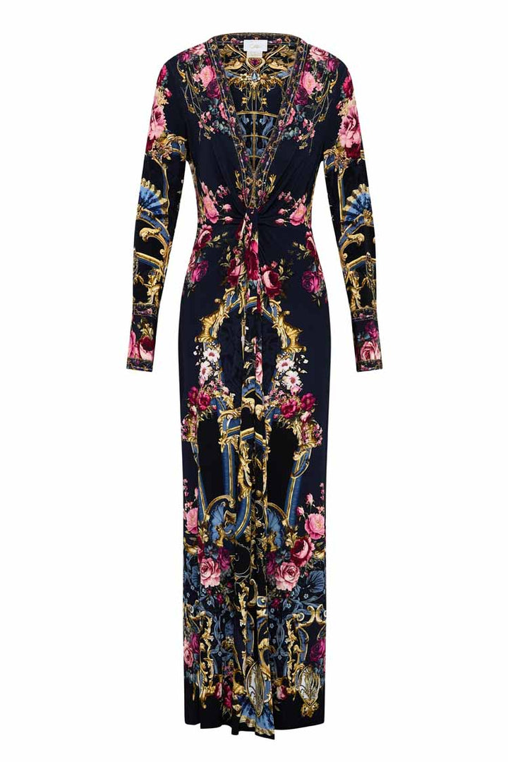 Long V Neck Twist Front Jersey Dress in Ornate on a Plate