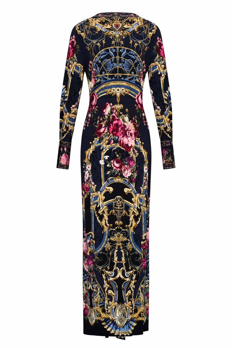 Long V Neck Twist Front Jersey Dress in Ornate on a Plate