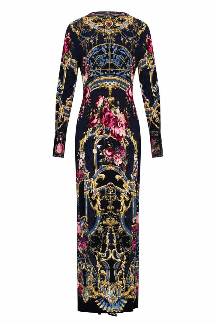 Long V Neck Twist Front Jersey Dress in Ornate on a Plate