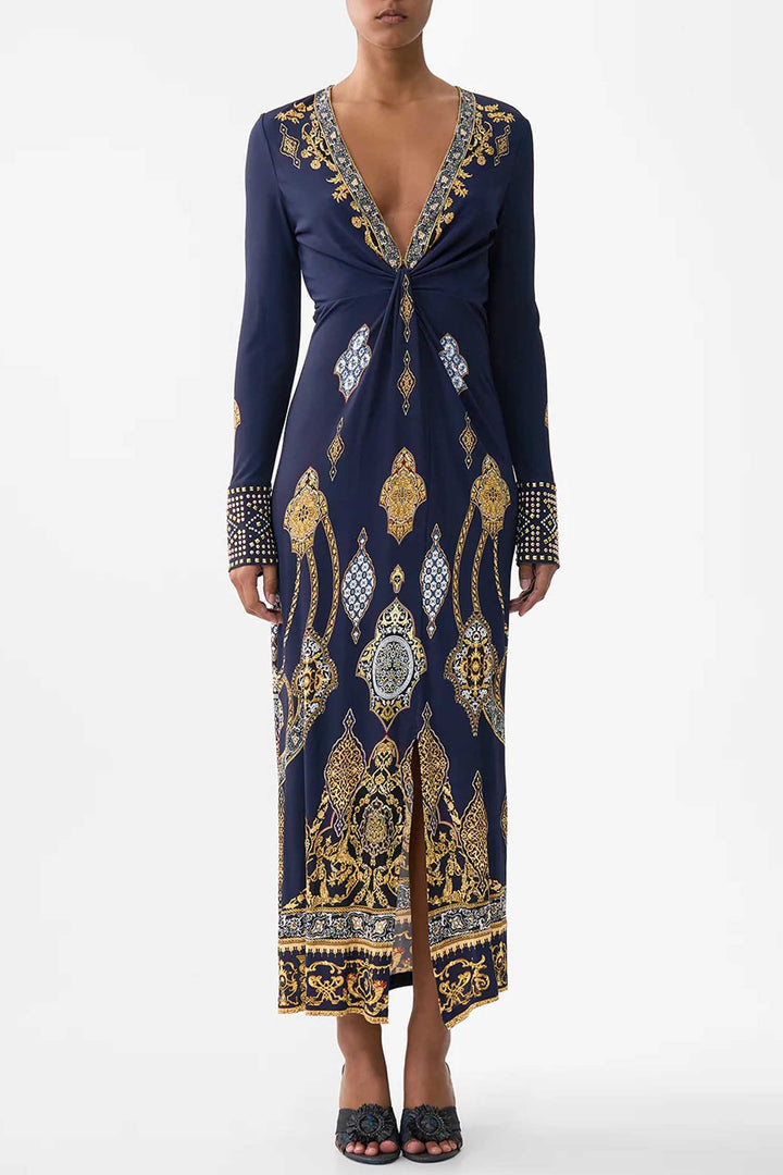Long V Neck Twist Front Jersey Dress in The Imperial Gate