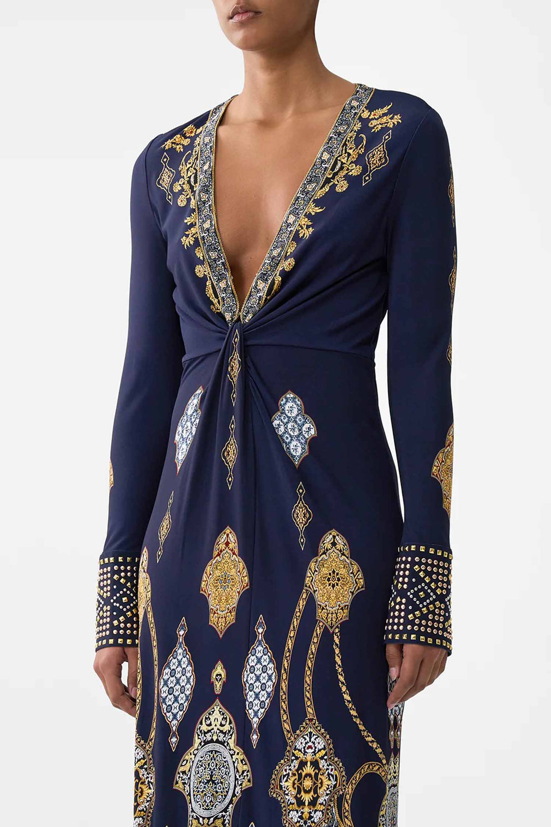 Long V Neck Twist Front Jersey Dress in The Imperial Gate
