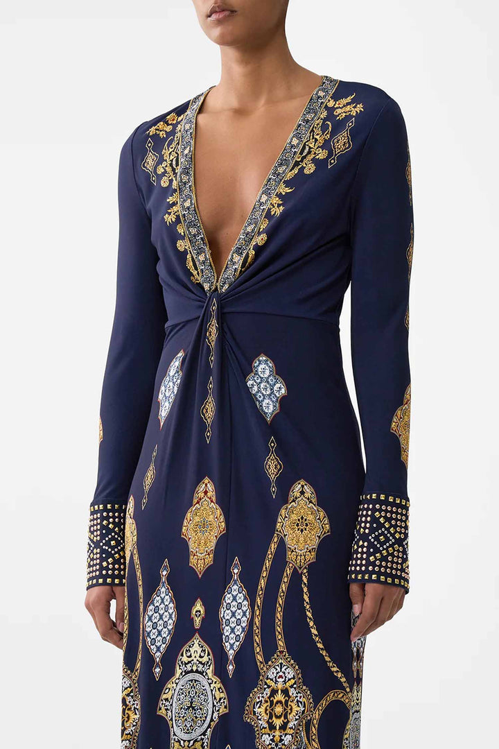 Long V Neck Twist Front Jersey Dress in The Imperial Gate