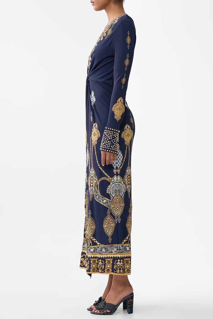 Long V Neck Twist Front Jersey Dress in The Imperial Gate