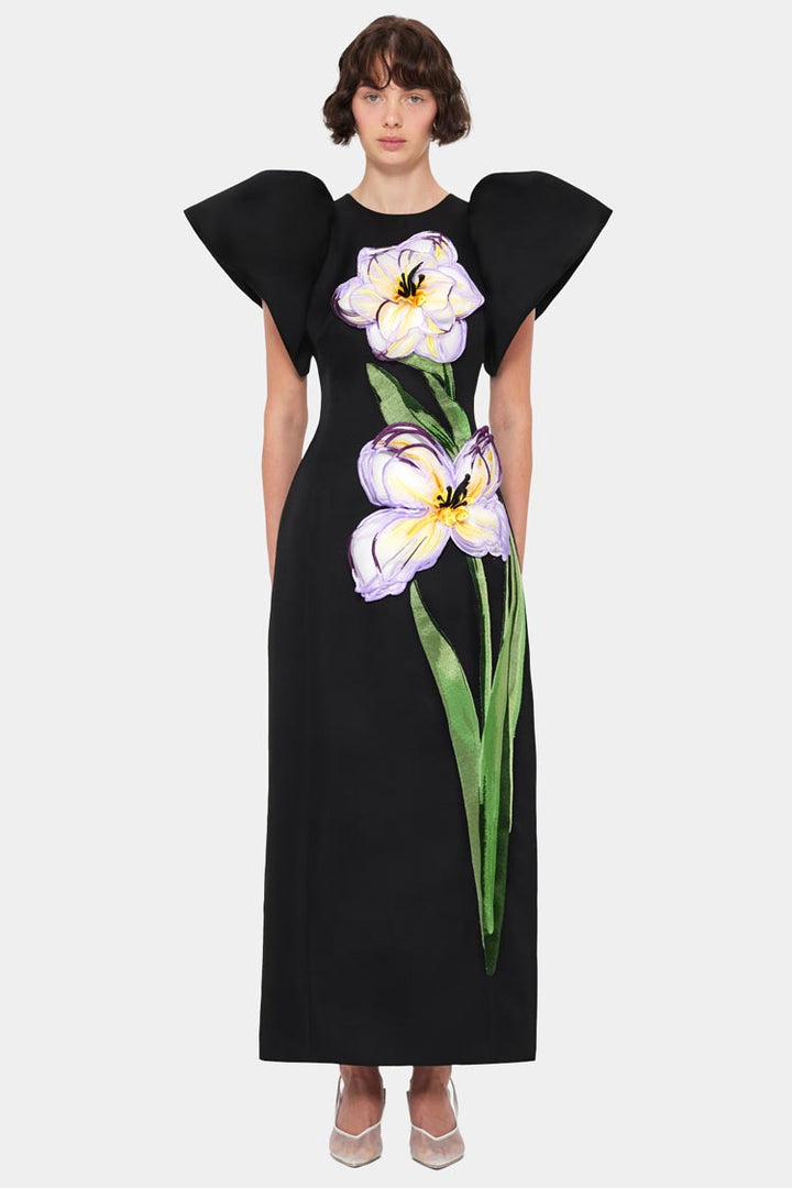 Lucinda Applique Floral Maxi Dress - Iris Print in Ebony