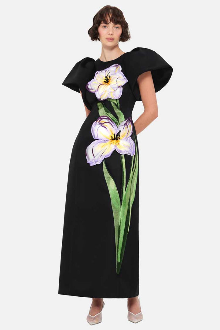 Lucinda Applique Floral Maxi Dress - Iris Print in Ebony