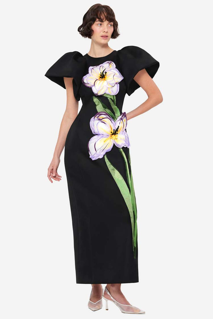 Lucinda Applique Floral Maxi Dress - Iris Print in Ebony