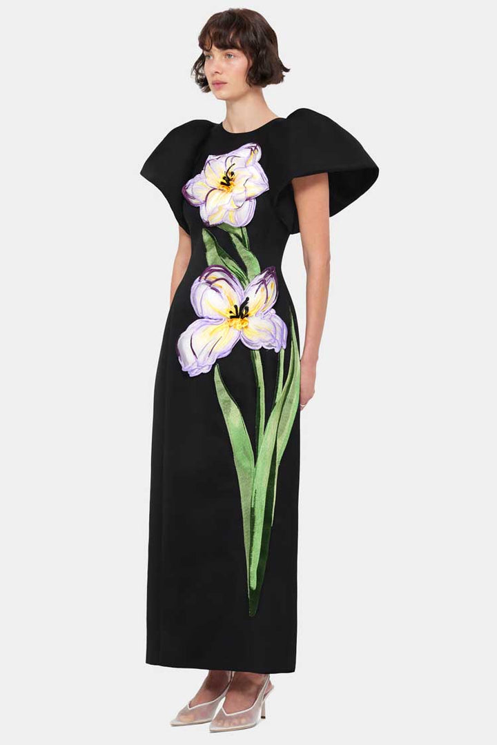 Lucinda Applique Floral Maxi Dress - Iris Print in Ebony