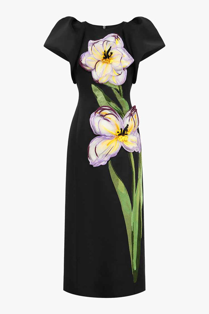 Lucinda Applique Floral Maxi Dress - Iris Print in Ebony
