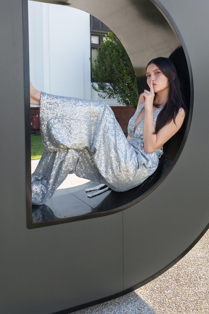 Mia Sequin Jumpsuit in Silver