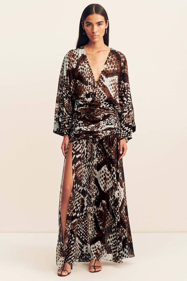 Maia Long Sleeve Plunged Maxi Dress in Ristretto