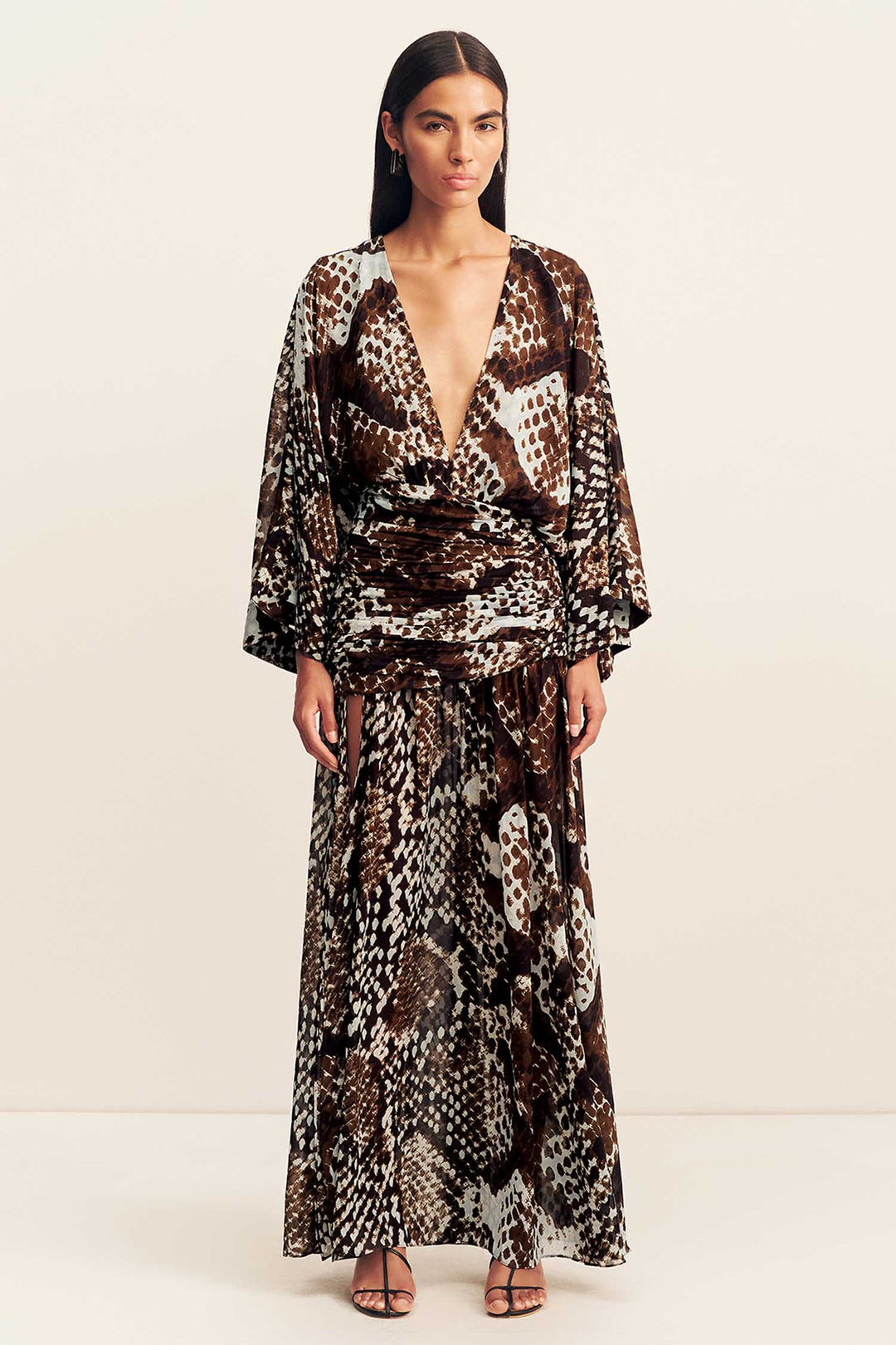 Maia Long Sleeve Plunged Maxi Dress in Ristretto