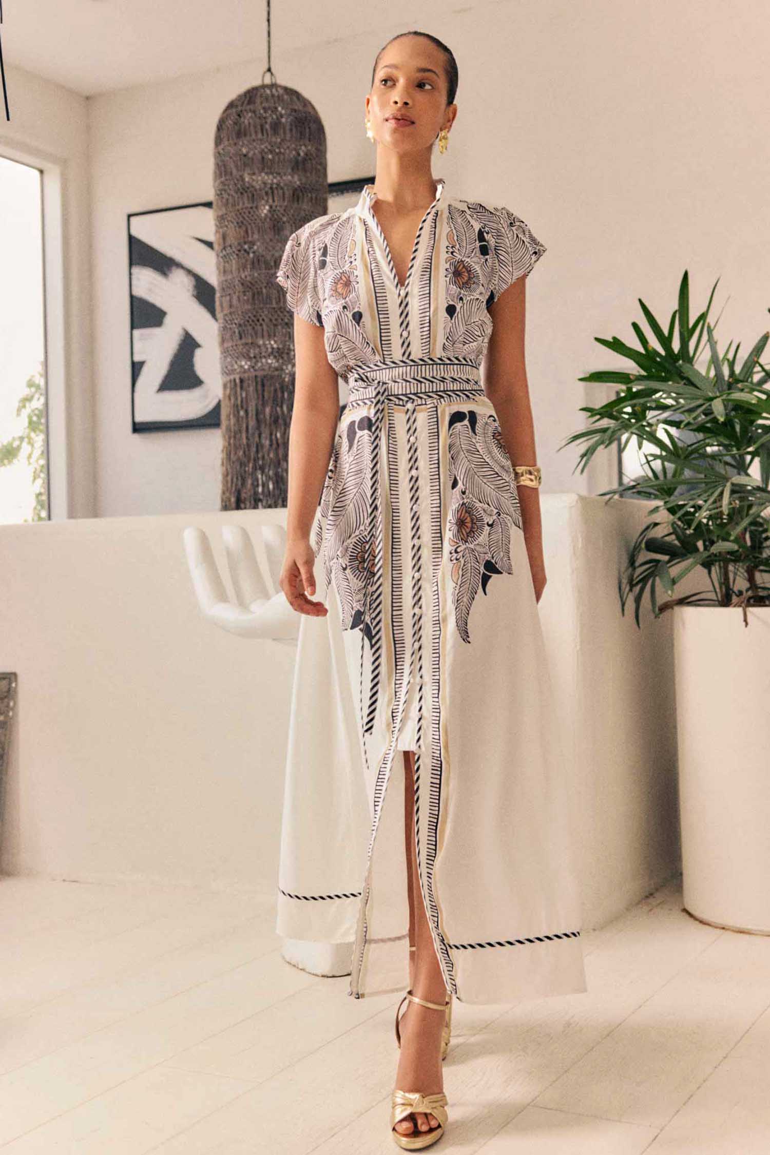 Malika Contrast Bind Flutter Sleeve Dress in Ivory Casablanca by