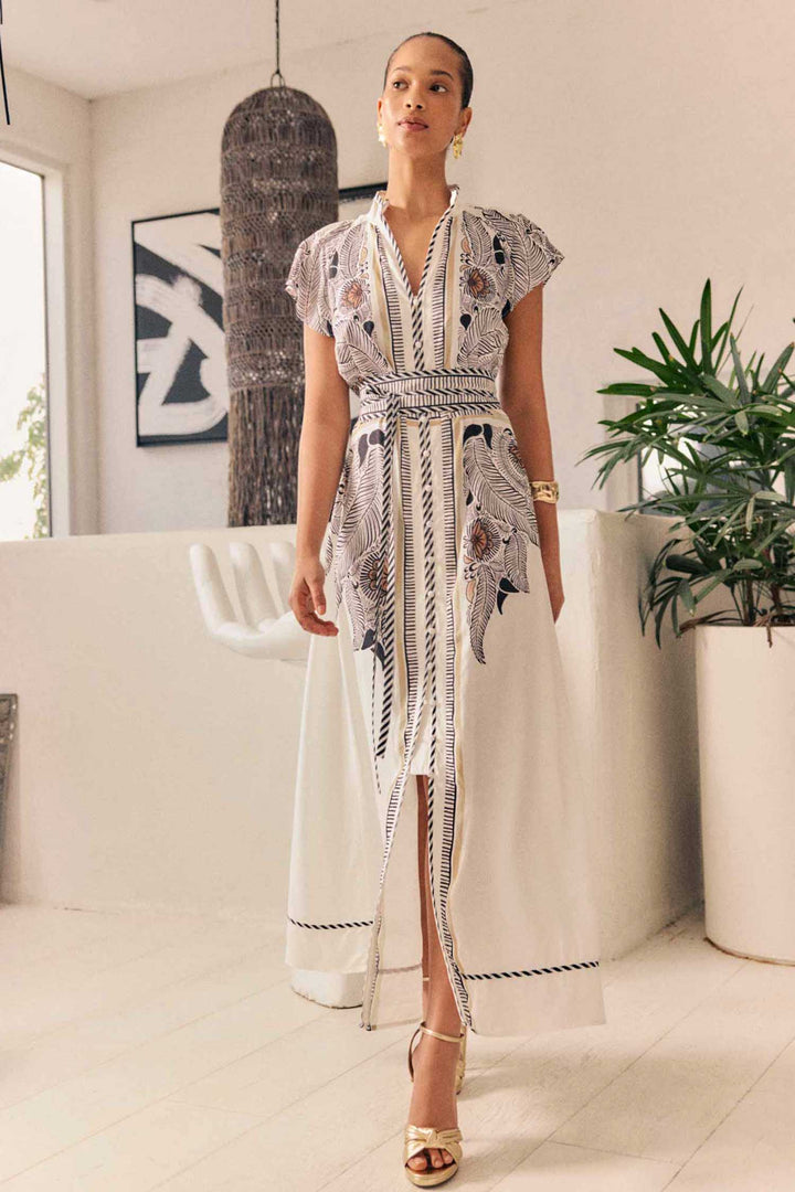 Malika Contrast Bind Flutter Sleeve Dress in Ivory Casablanca