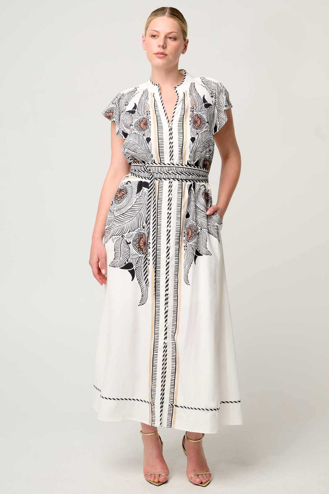 Malika Contrast Bind Flutter Sleeve Dress in Ivory Casablanca