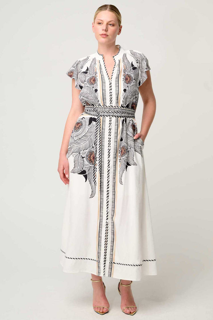 Malika Contrast Bind Flutter Sleeve Dress in Ivory Casablanca