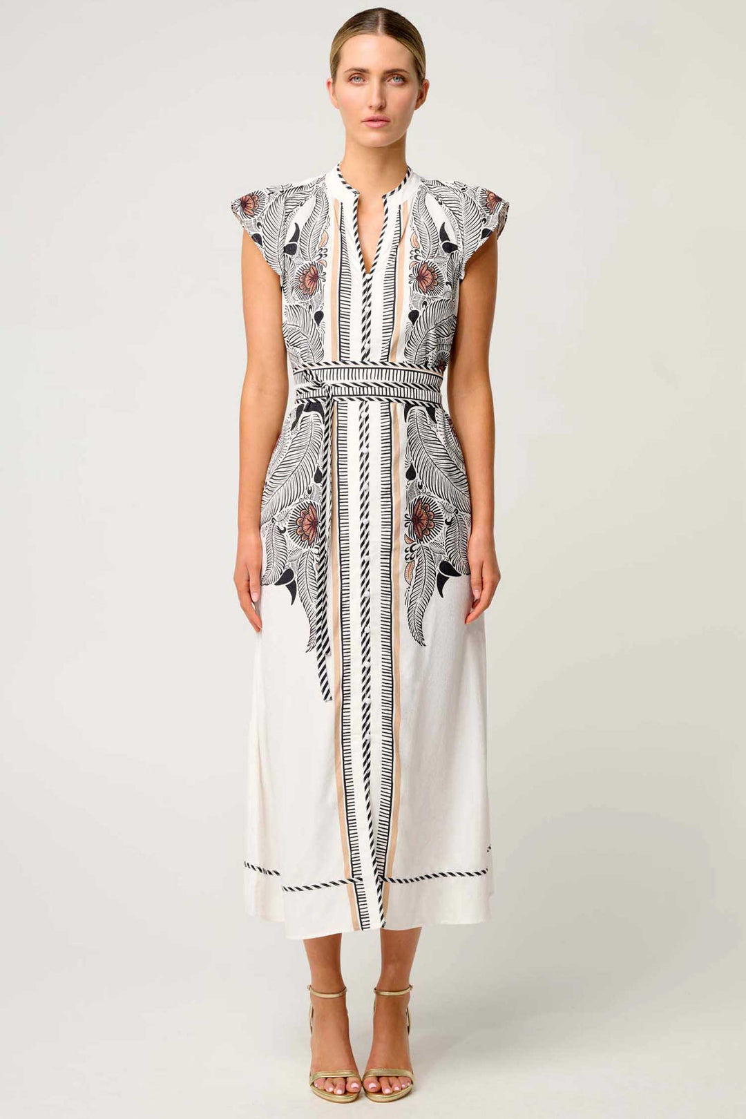 Malika Contrast Bind Flutter Sleeve Dress in Ivory Casablanca
