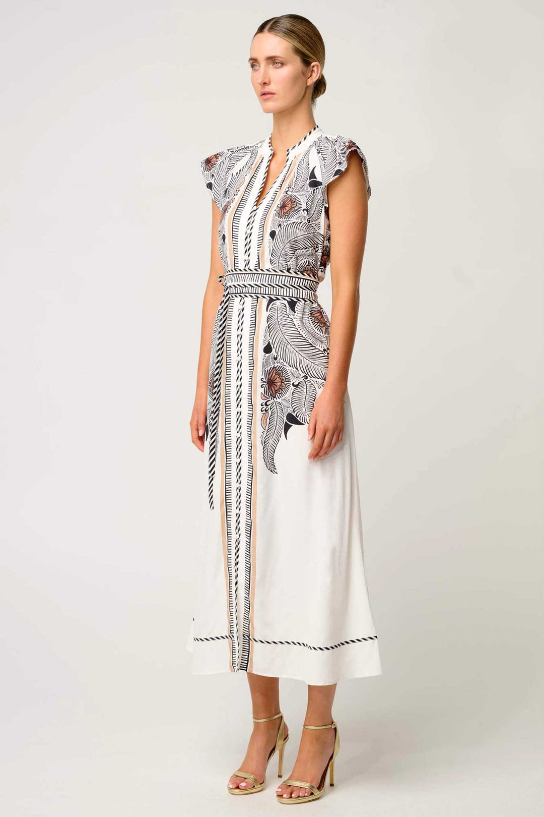 Malika Contrast Bind Flutter Sleeve Dress in Ivory Casablanca