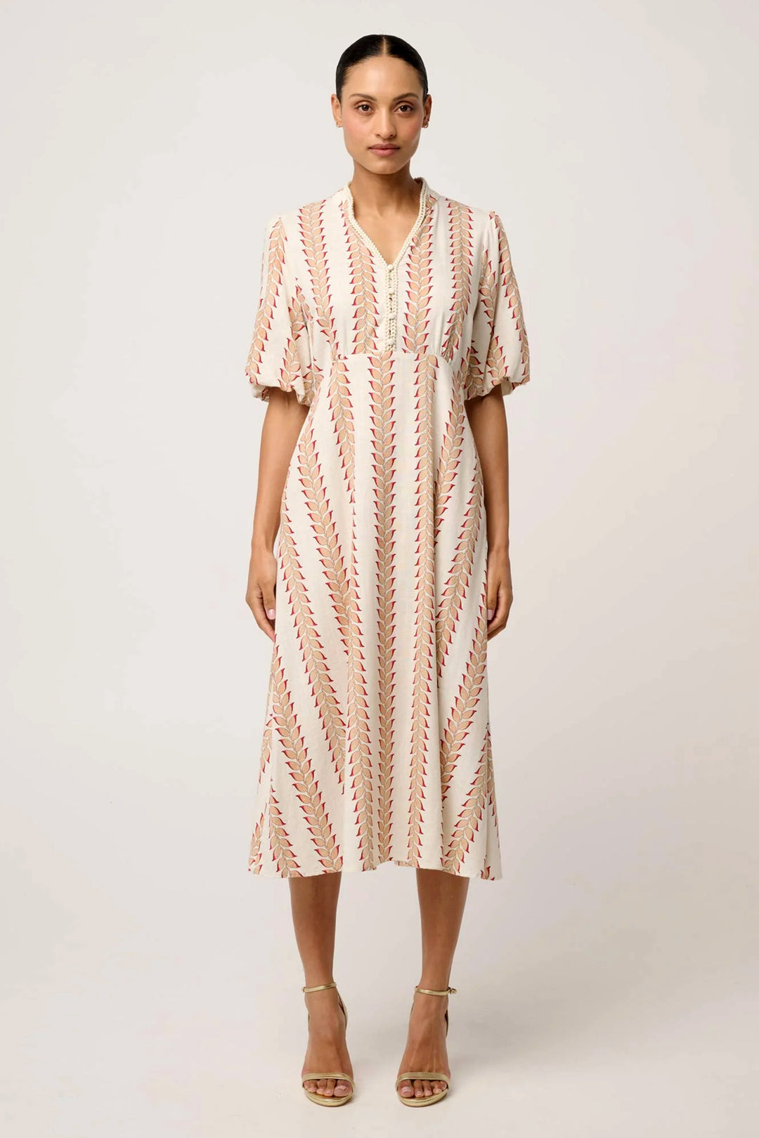 Marcelle Braided Trim Dress in Gilded Frond
