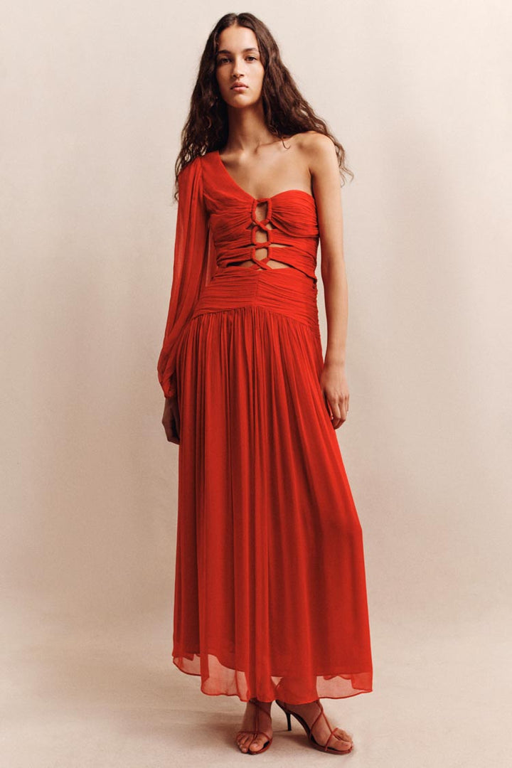 Margot LS One Shoulder Lace Up Maxi Dress in Sailor Red