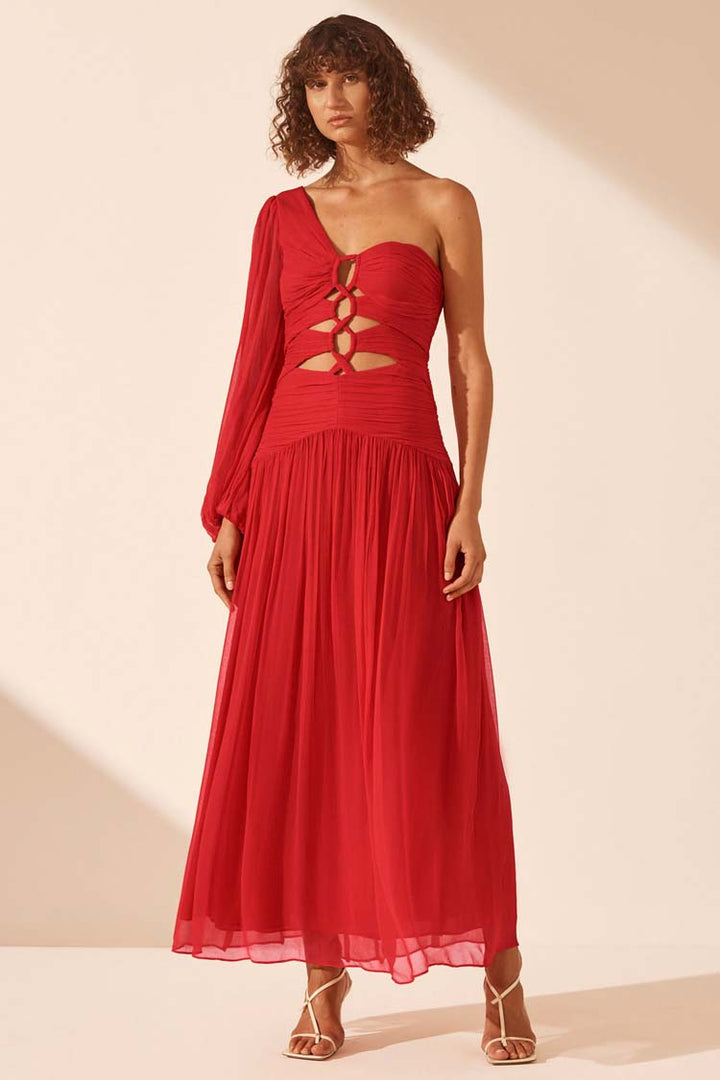 Margot LS One Shoulder Lace Up Maxi Dress in Sailor Red