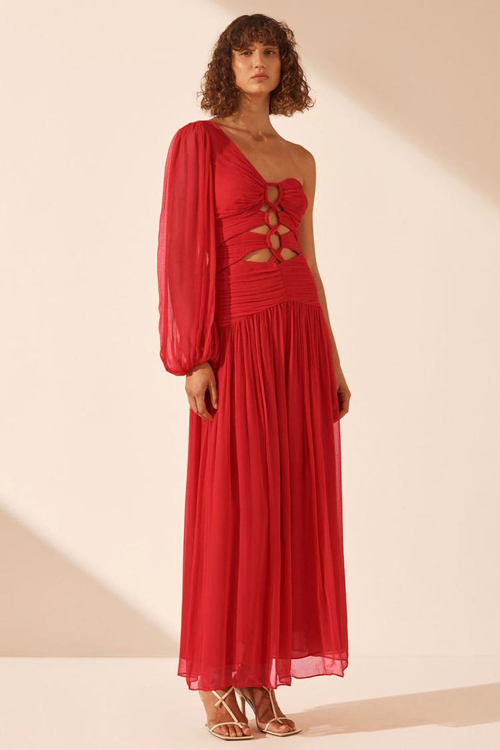 Margot LS One Shoulder Lace Up Maxi Dress in Sailor Red