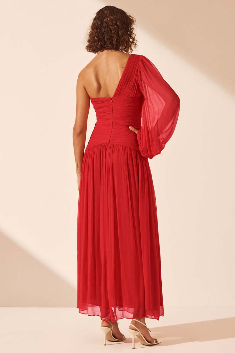 Margot LS One Shoulder Lace Up Maxi Dress in Sailor Red