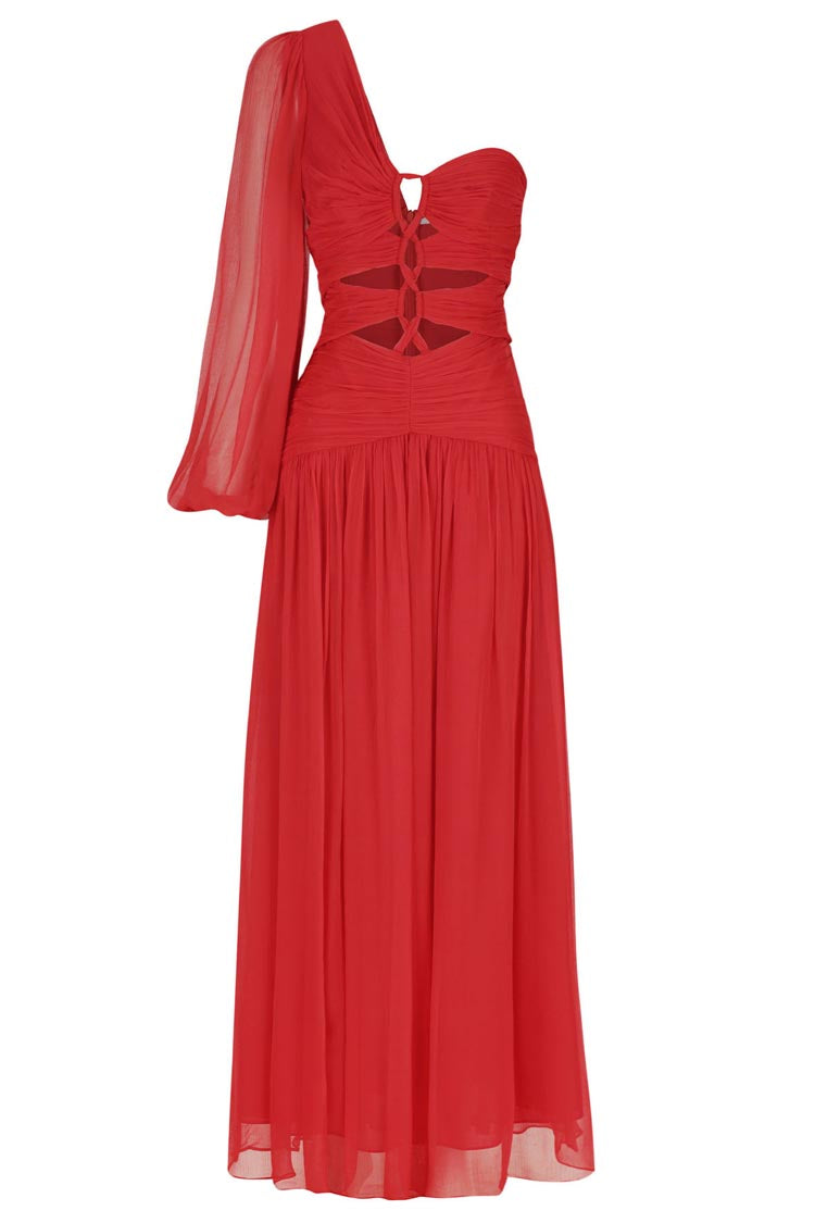 Margot LS One Shoulder Lace Up Maxi Dress in Sailor Red