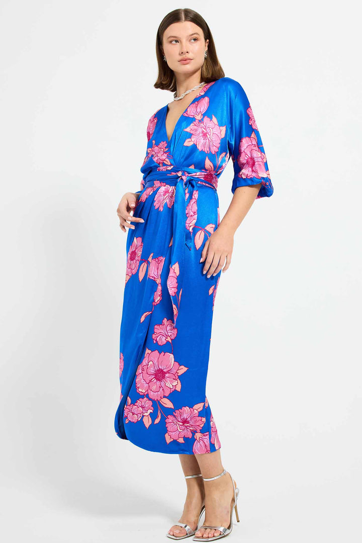 Margot Wrap Midi Dress in Cobalt Floral