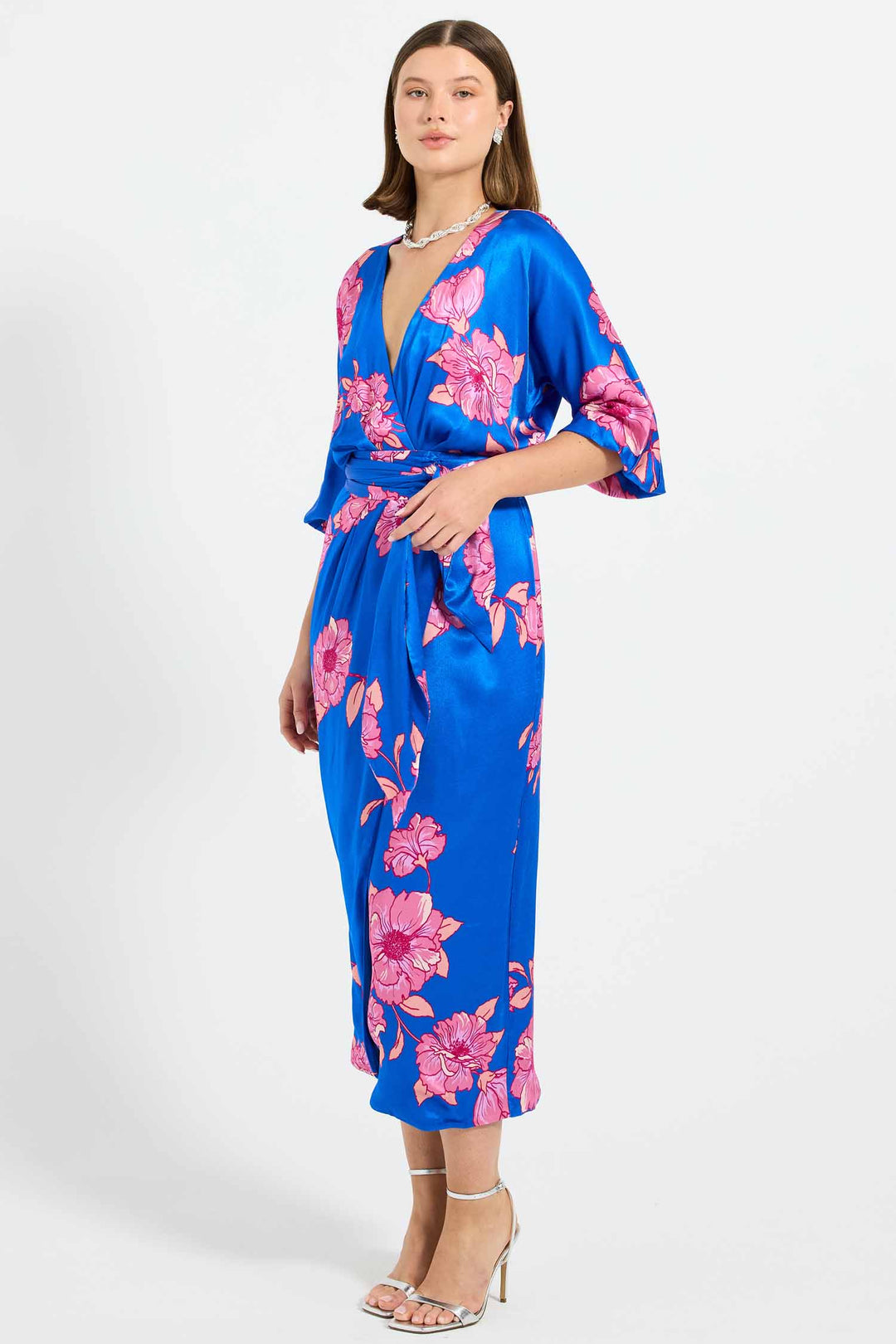 Margot Wrap Midi Dress in Cobalt Floral