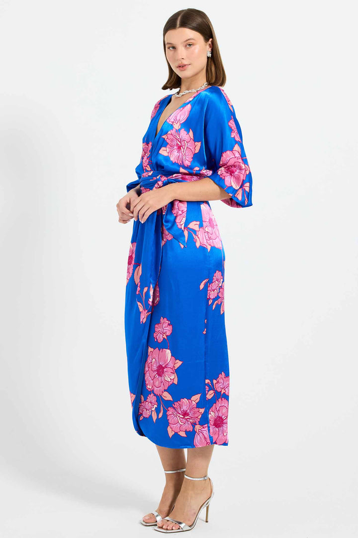 Margot Wrap Midi Dress in Cobalt Floral