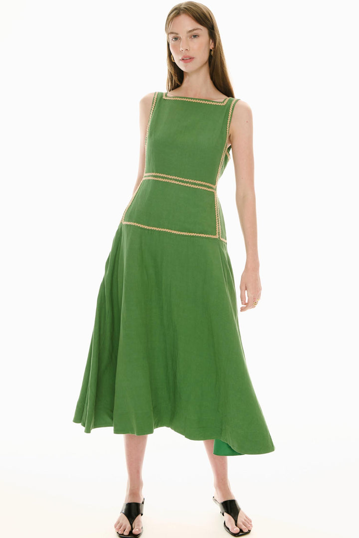 Marlin Raffia Trim Dress in Green