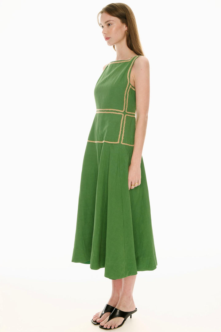 Marlin Raffia Trim Dress in Green