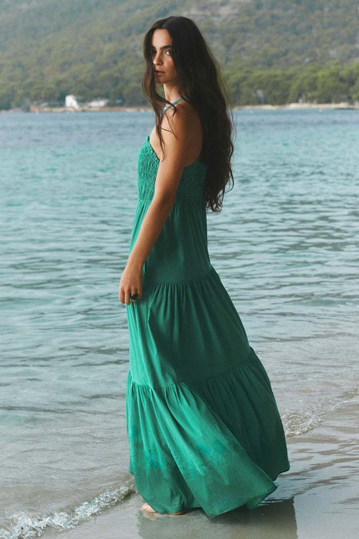 Maxi Dress w Smock Detail in Scuba Green