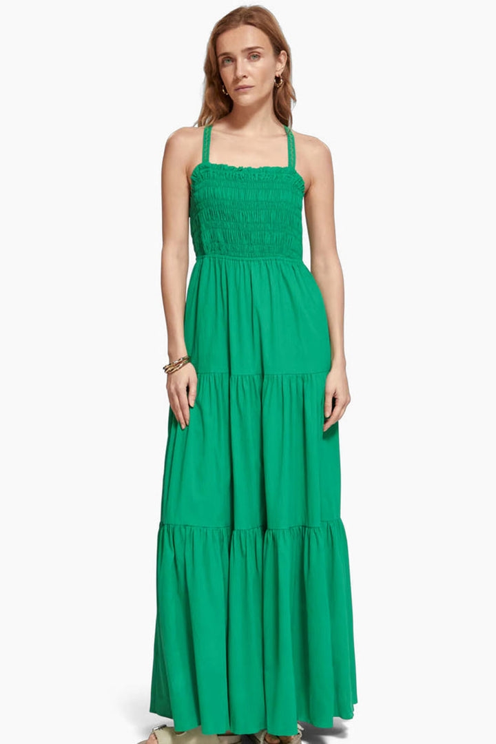Maxi Dress w Smock Detail in Scuba Green