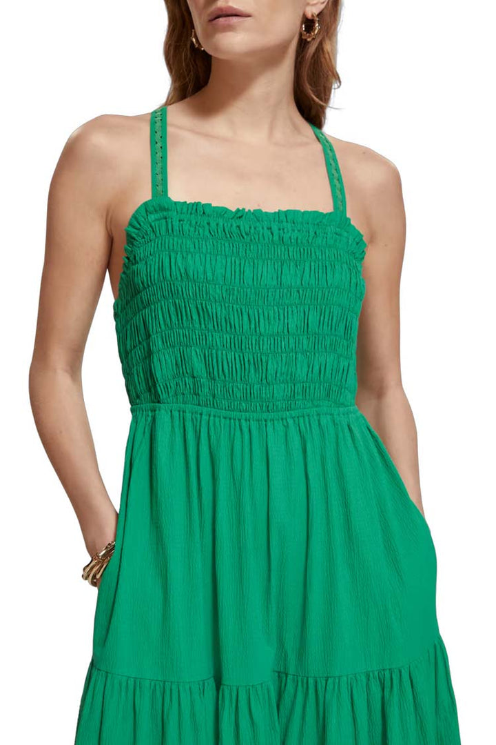 Maxi Dress w Smock Detail in Scuba Green