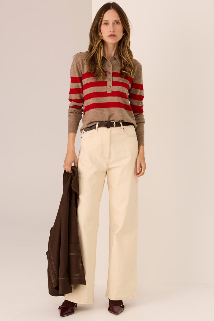 Meira Stripe Polo Knit in Cedar/Red